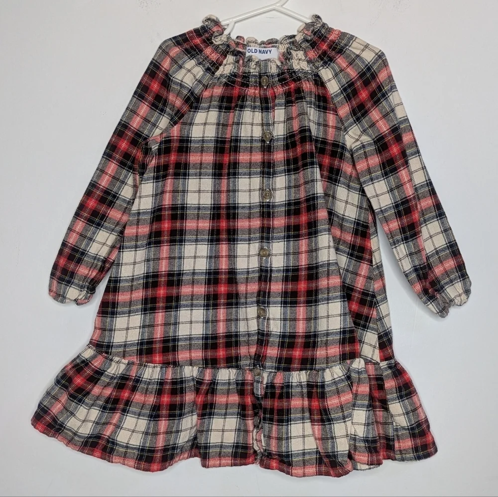 ✨3/$15 Old Navy Red White Black Plaid Winter Holiday Flannel Button Up Dress 5T